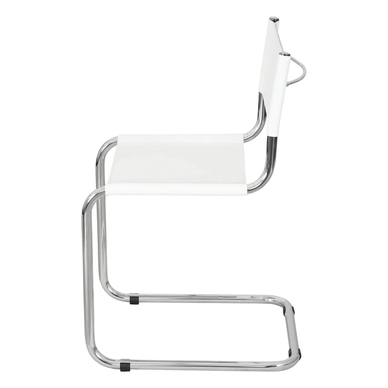 Fauteuils cantilever à structure chromée (disponibles en plusieurs coloris de similicuir).