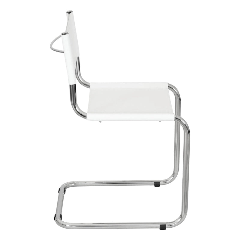 Fauteuils cantilever à structure chromée (disponibles en plusieurs coloris de similicuir).