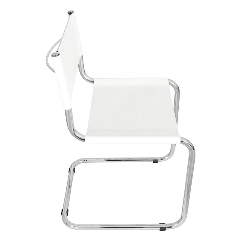 Fauteuils cantilever à structure chromée (disponibles en plusieurs coloris de similicuir).