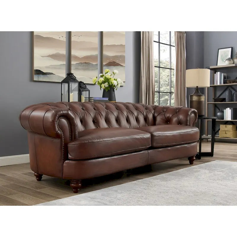 Canapé en cuir véritable, contenant du duvet, de la mousse à mémoire de forme et des ressorts.