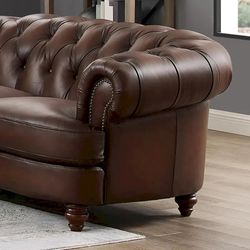 Canapé en cuir véritable, contenant du duvet, de la mousse à mémoire de forme et des ressorts.