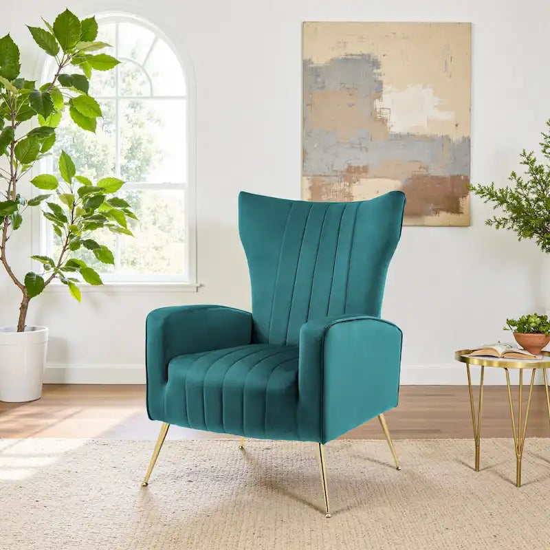 Fauteuil d'appoint à oreilles en velours rayé avec pieds en métal pour le salon
