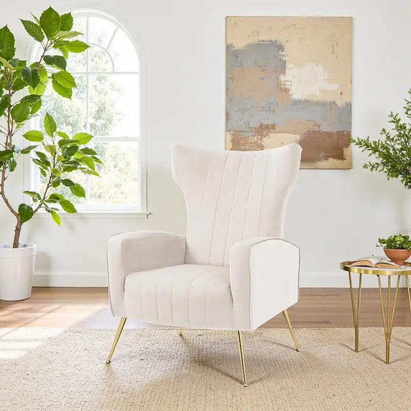 Fauteuil d'appoint à oreilles en velours rayé avec pieds en métal pour le salon