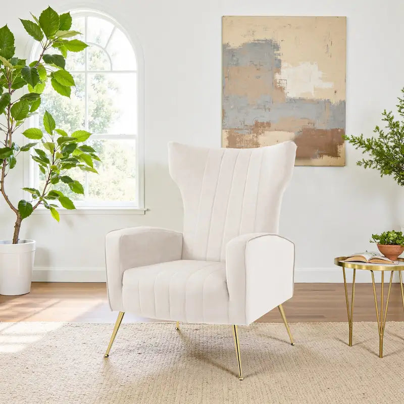Fauteuil d'appoint à oreilles en velours rayé avec pieds en métal pour le salon