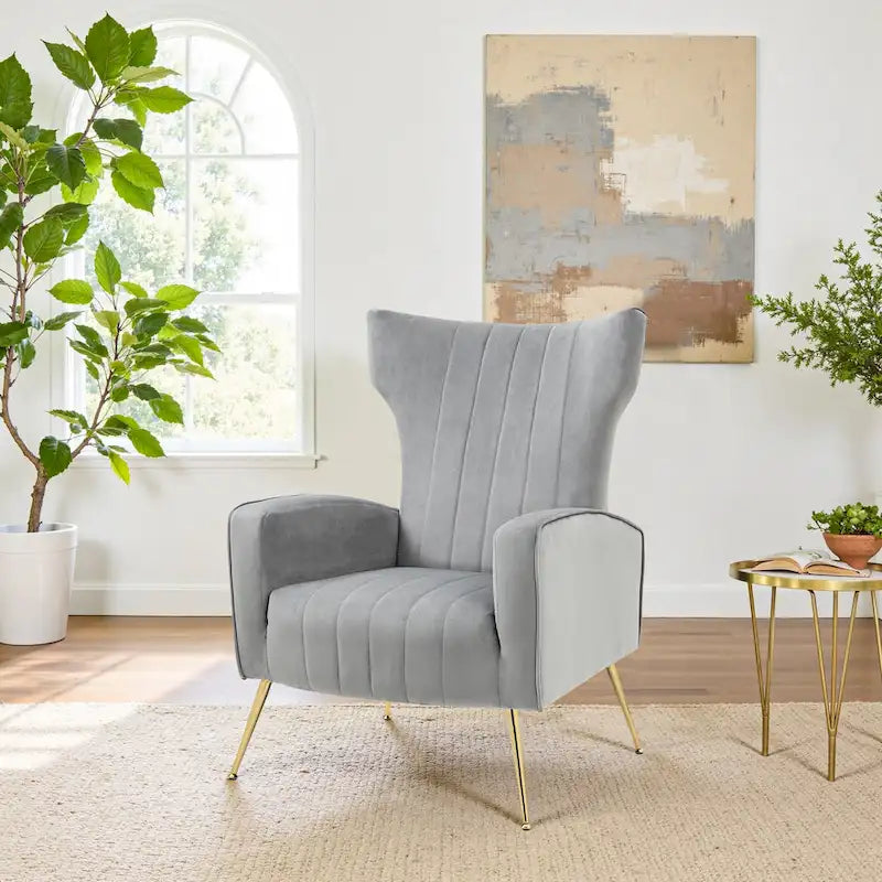 Fauteuil d'appoint à oreilles en velours rayé avec pieds en métal pour le salon