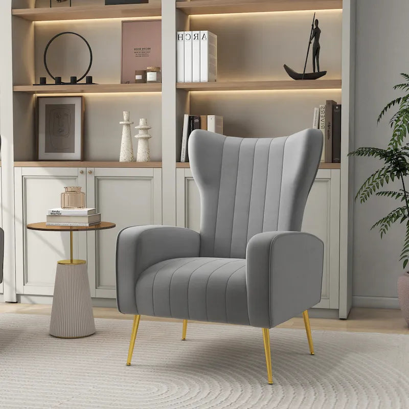 Fauteuil d'appoint à oreilles en velours rayé avec pieds en métal pour le salon