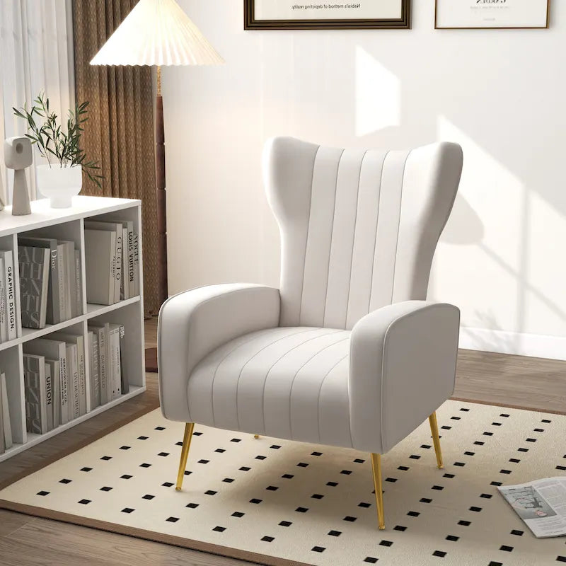 Fauteuil d'appoint à oreilles en velours rayé avec pieds en métal pour le salon