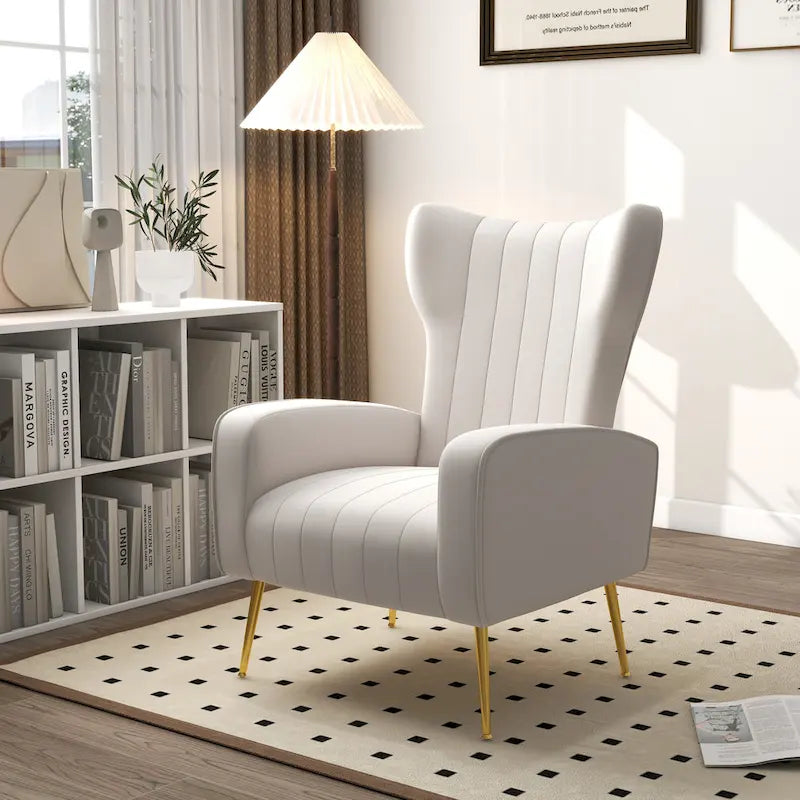 Fauteuil d'appoint à oreilles en velours rayé avec pieds en métal pour le salon