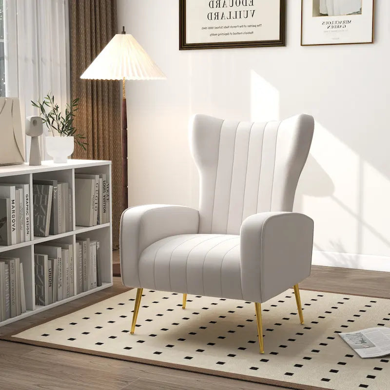Fauteuil d'appoint à oreilles en velours rayé avec pieds en métal pour le salon