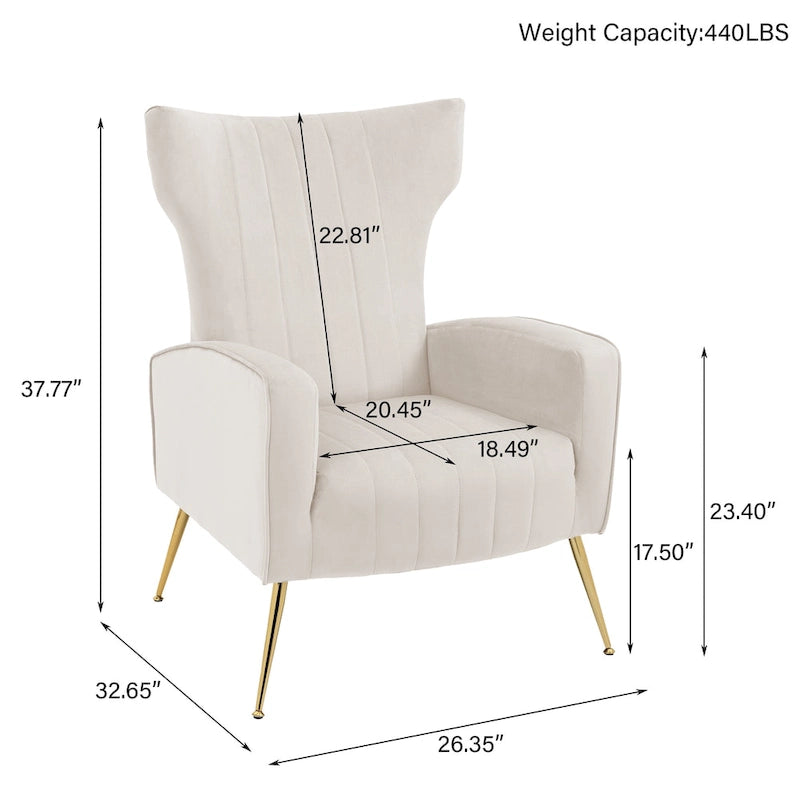 Fauteuil d'appoint à oreilles en velours rayé avec pieds en métal pour le salon