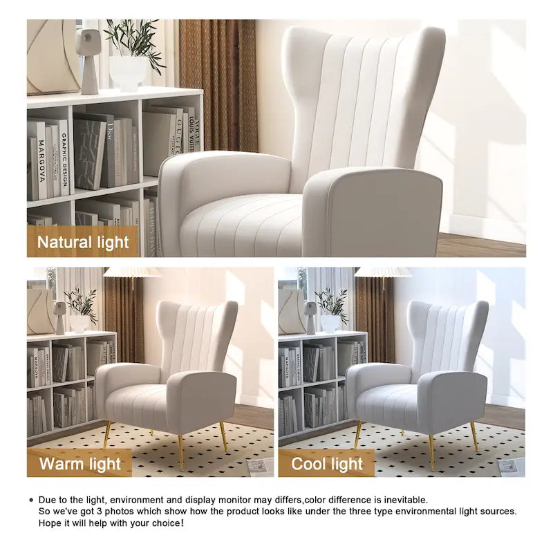 Fauteuil d'appoint à oreilles en velours rayé avec pieds en métal pour le salon