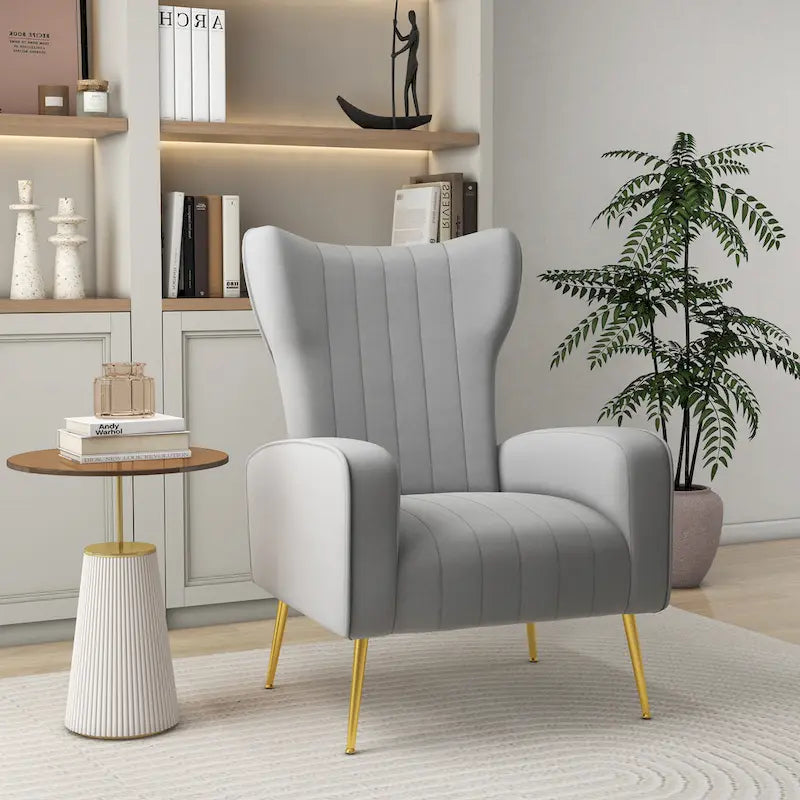 Fauteuil d'appoint à oreilles en velours rayé avec pieds en métal pour le salon