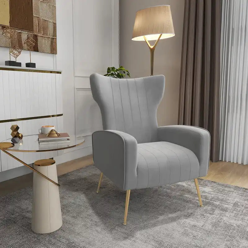Fauteuil d'appoint à oreilles en velours rayé avec pieds en métal pour le salon