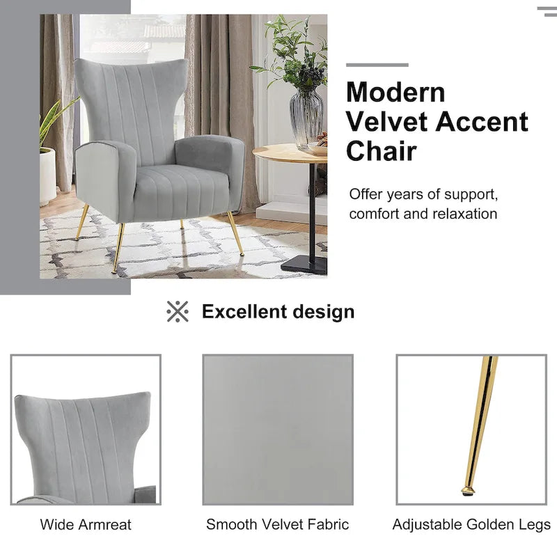 Fauteuil d'appoint à oreilles en velours rayé avec pieds en métal pour le salon