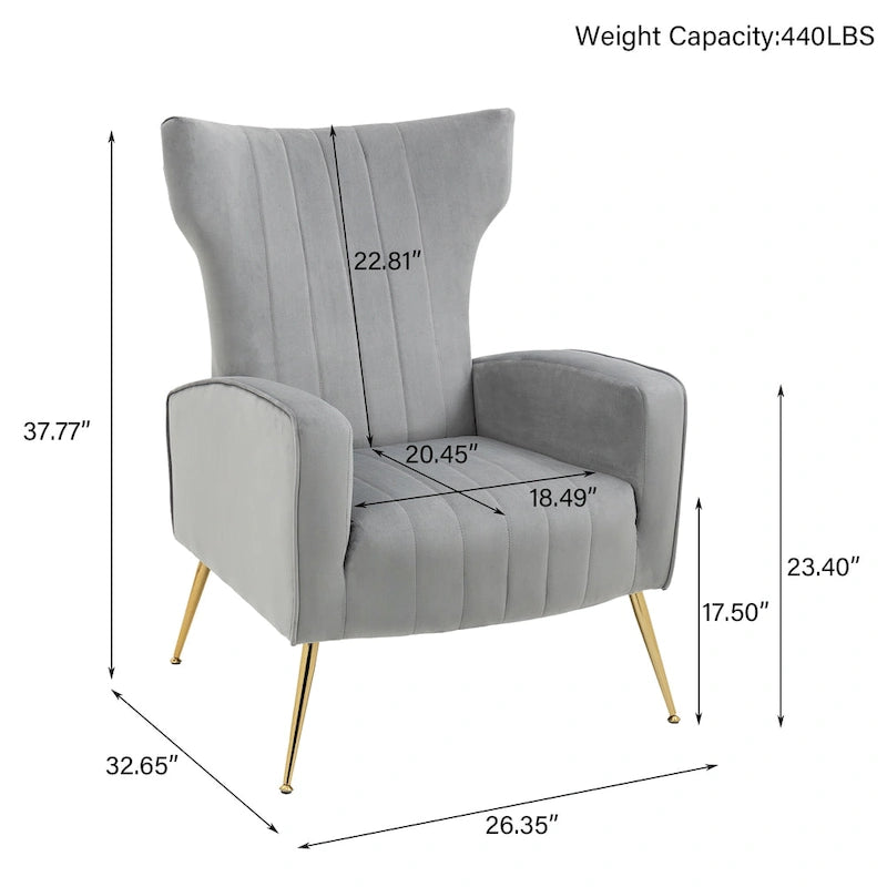 Fauteuil d'appoint à oreilles en velours rayé avec pieds en métal pour le salon
