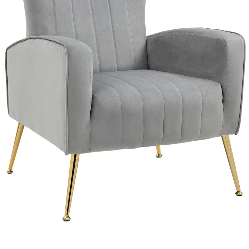 Fauteuil d'appoint à oreilles en velours rayé avec pieds en métal pour le salon