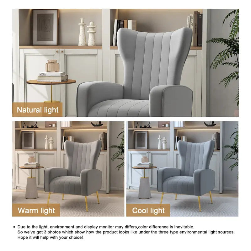Fauteuil d'appoint à oreilles en velours rayé avec pieds en métal pour le salon
