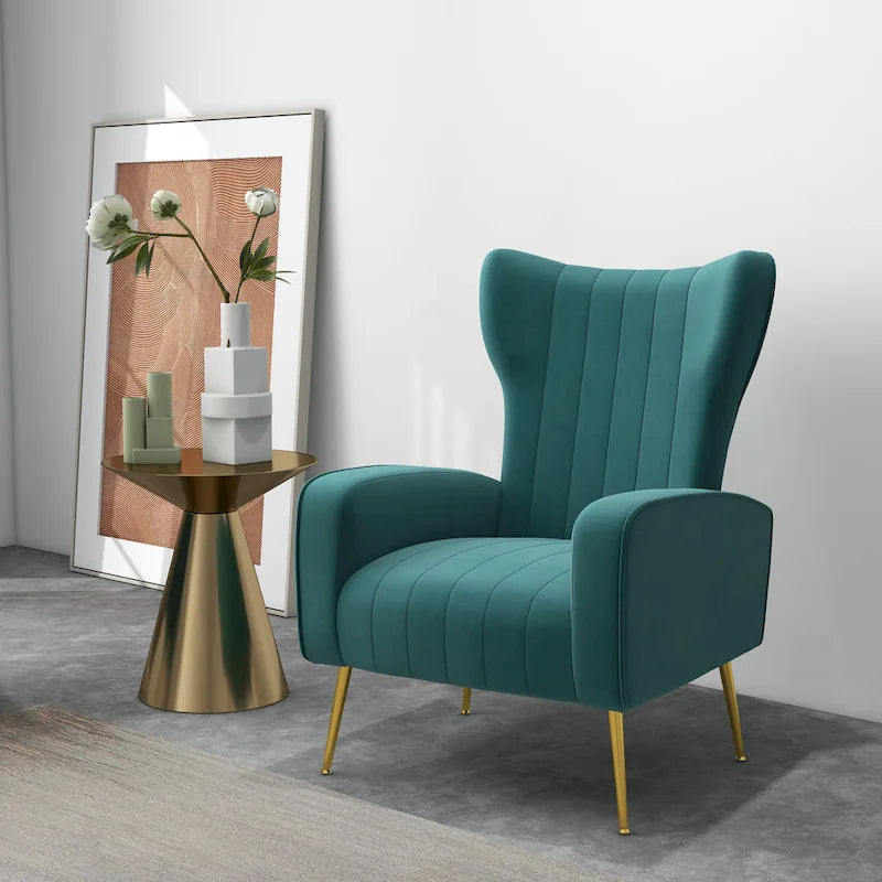 Fauteuil d'appoint à oreilles en velours rayé avec pieds en métal pour le salon