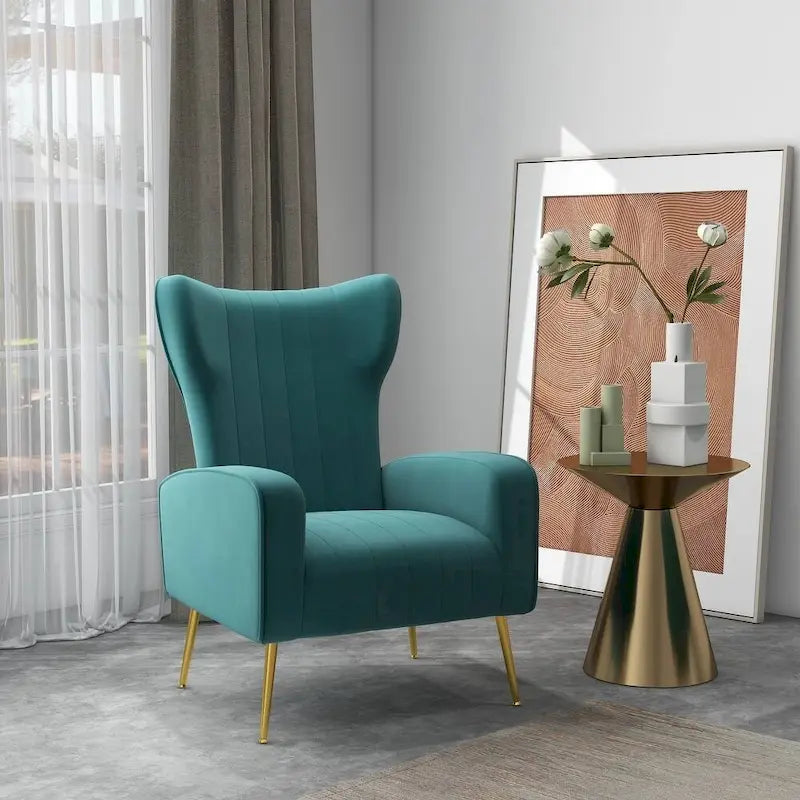 Fauteuil d'appoint à oreilles en velours rayé avec pieds en métal pour le salon
