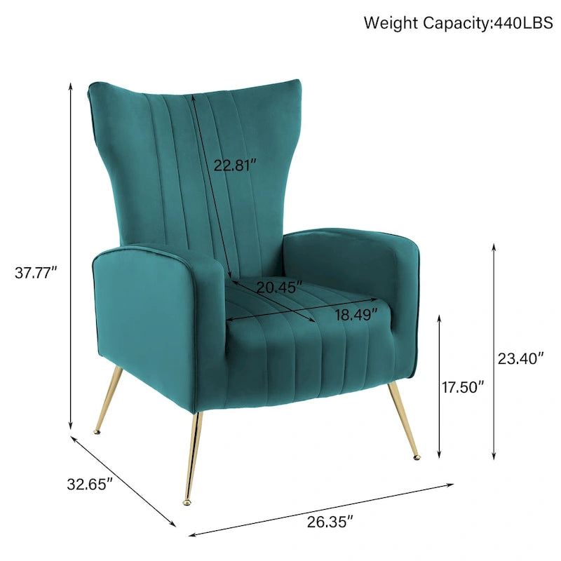 Fauteuil d'appoint à oreilles en velours rayé avec pieds en métal pour le salon