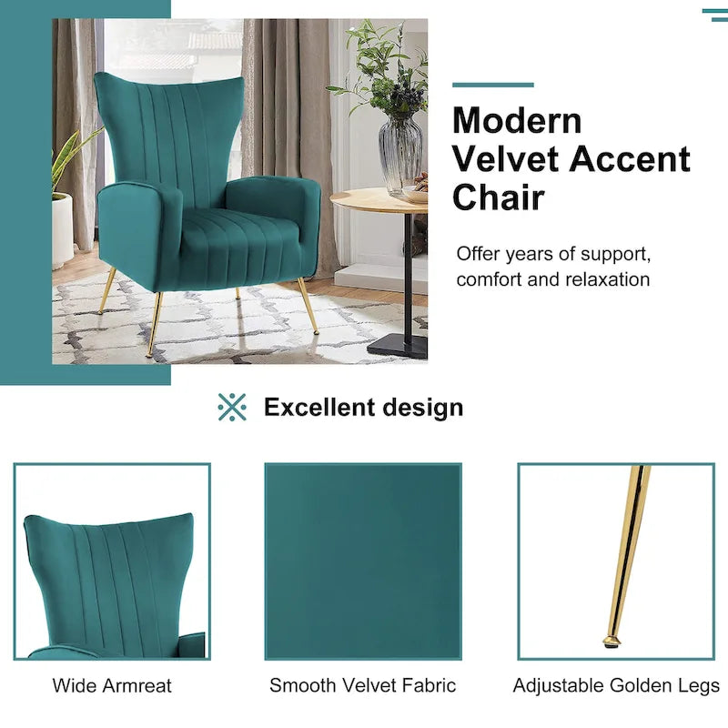 Fauteuil d'appoint à oreilles en velours rayé avec pieds en métal pour le salon